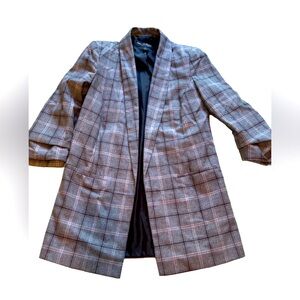 Miss Selfridge Plaid Long Line Blazer with ruched 3/4 sleeves